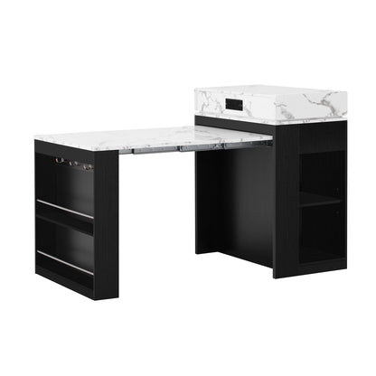 [VIDEO] TREXM Extendable Dining Table with Folding Tabletop, Bar Table with Drawers and Power Outlet, Kitchen Island with Wheels and Hooks, Sideboard for Kitchen and Dining Room (Black+Marble White)