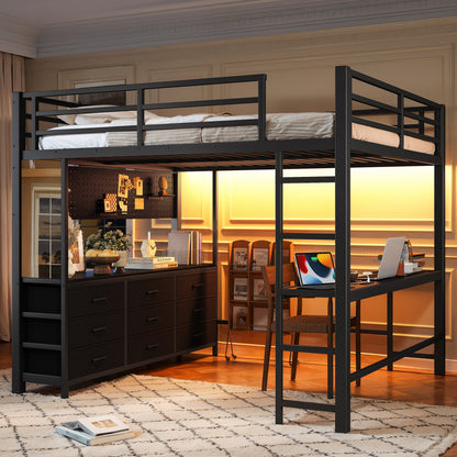 Queen Size Loft Bed with Desk, Loft Bed with Drawers, Loft Bed with Led Light and USB, Sturdy Loft bed Frame, Loft Bed with Mirror, Multi-Functional High Loft Bed for Teens Adults.Black