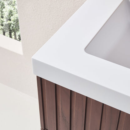 24' Wall Mounted & Floating Single Dark Walnut Bathroom Vanity with Acrylic Integrated White Basin, Pre-assembled Plywood Cabinet With 2 Drawers