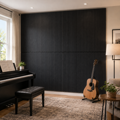 Wood Panels for Wall Slat Wall Panels, 4PC Wood Slat Acoustic Panels for Wall and Ceiling - 3D Fluted Sound Absorbing Panel with Three Sides Fully Wrapped on  Wood Finish -45.27''X23.62''(black)