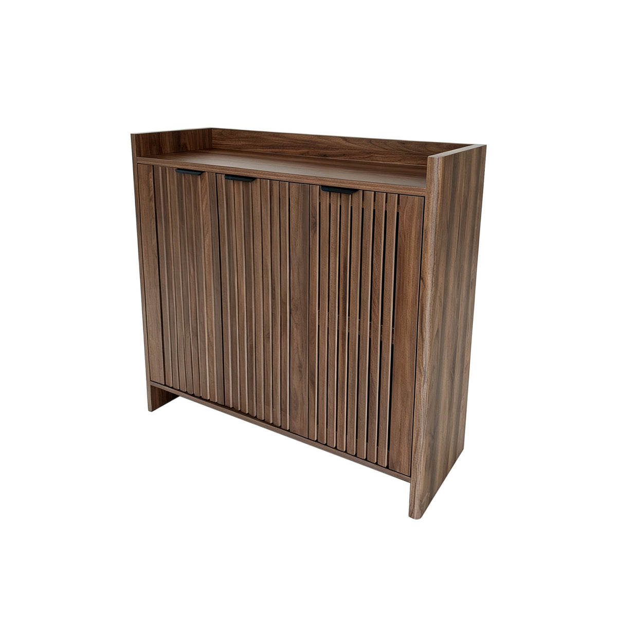 Walnut Entryway Shoe Storage Cabinet with Slatted Doors, Modern Wooden Hallway Console Table with Top Display Shelf, Mid-Century Accent Chest for Foyer, Living Room, and Mudroom Organization