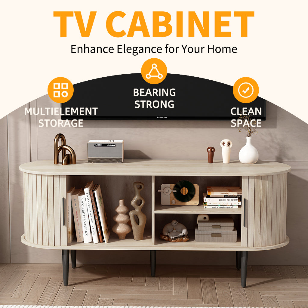TV Stand, 47" Modern TV Console Table with Storage Compartment and Sliding Door, Gaming Entertainment Center with Cabinet - Natural Wood