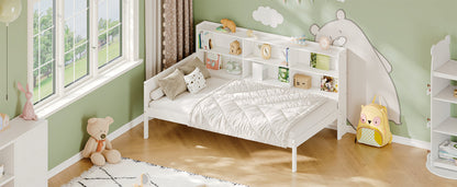 Twin Size Solid Wood Single Bed with Large Multi-compartment Storage Headboard Bookshelf, Simple Solid Wood Bed Frame, Multi-functional Storage Bed for Bedroom,White
