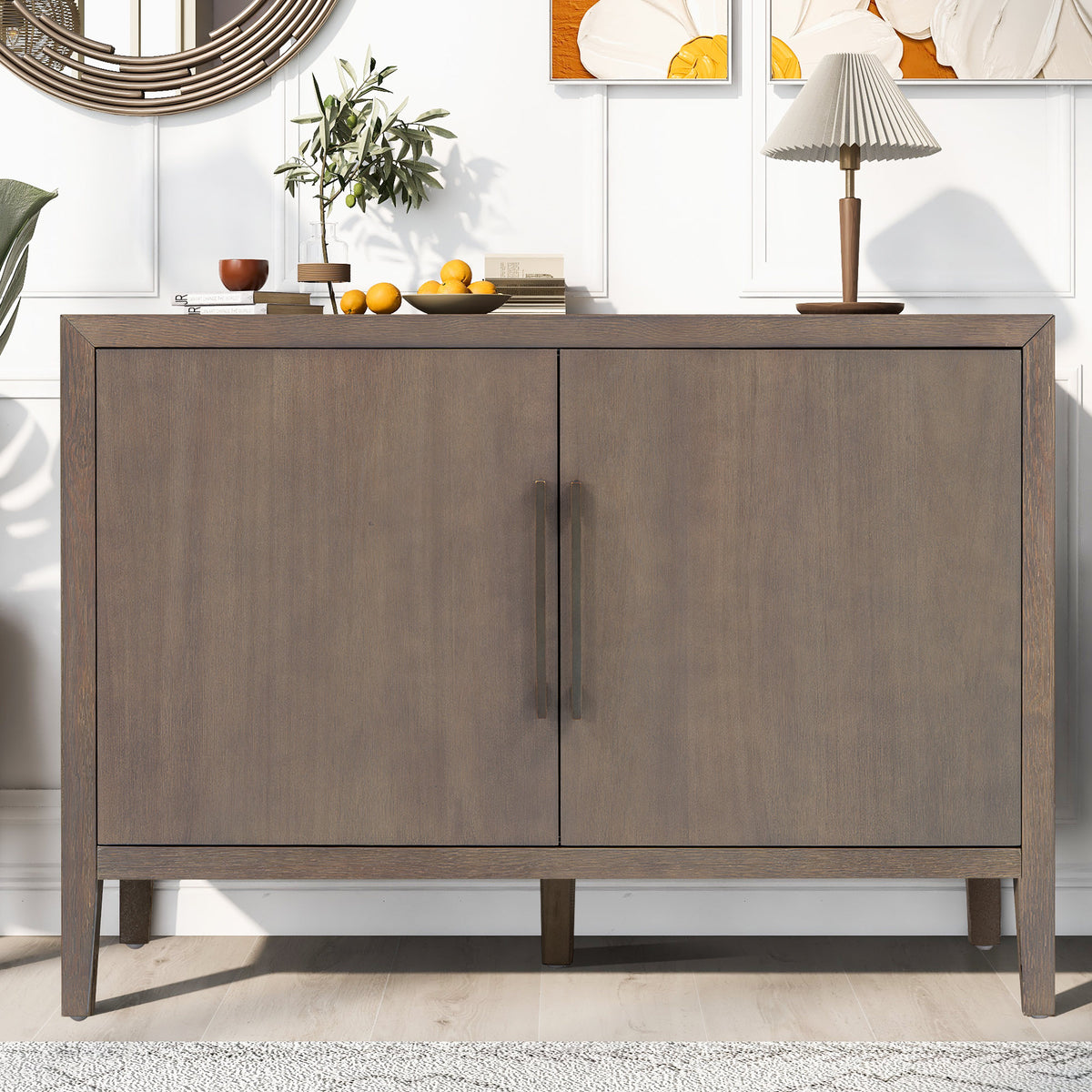 U_STYLE 47.25-Inch Farmhouse Sideboard with Pine Veneer and 2 Doors, Retro Buffet with Adjustable Feet – Model N711P410389D