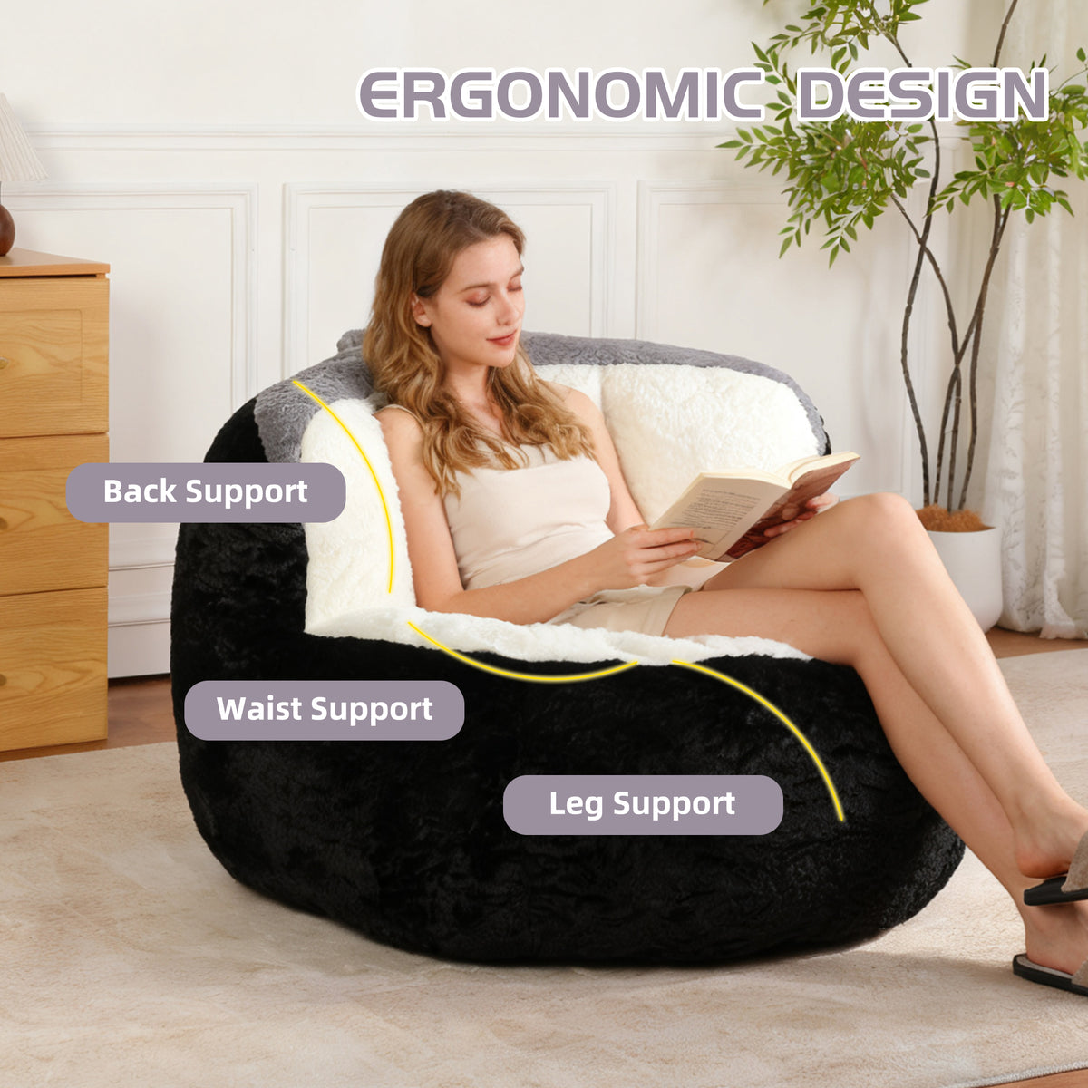 Oversized Bean Bag Chairs, Multicolor Faux Fur Couch Filled with Shredded Sponge, Large Lounger Sofa, No Assembly Required, Black+White+Grey