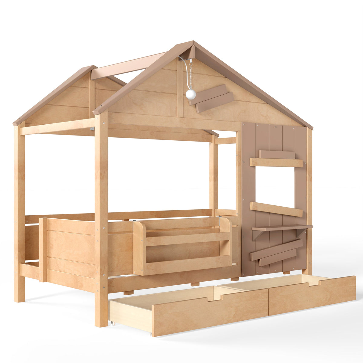 Twin Size Farmhouse Spliced House Bed with Window Shelf & Side Hooks, Playhouse Bed Frame with Underbed Storage Drawers and LED,Light Natural