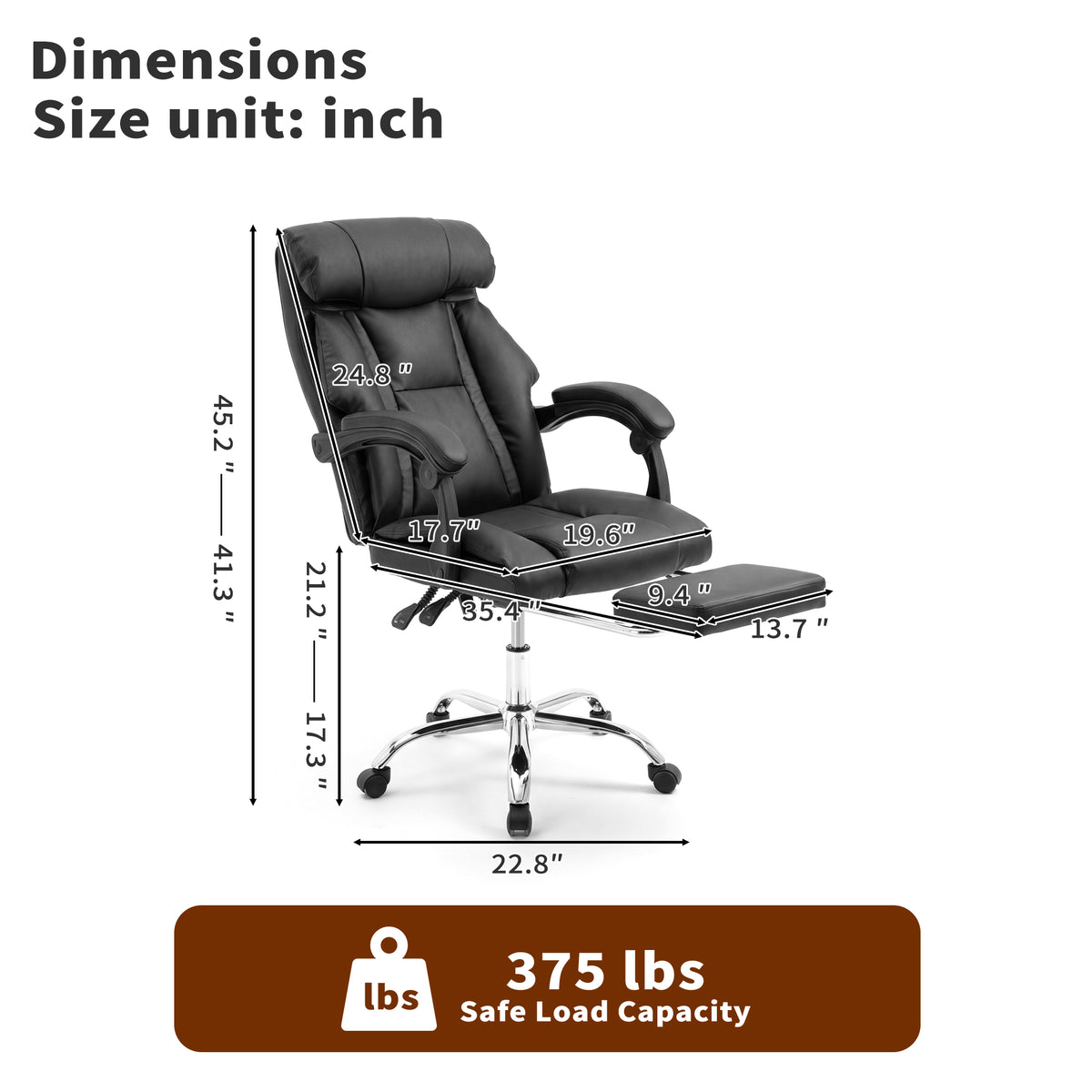 Executive Office Chair with Foot Rest, Adjustable Height High Back Reclining Gaming Chair in Black PU Leather with Metal & Wood Frame