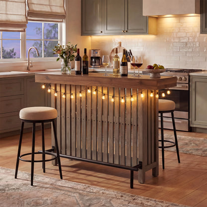 U_Style 3-in-1 Sideboard Table, Counter Height Table & Bar Table with Wine Storage,Modern Top Wine Cabinet Table with Footrest and 2-Tier Wine Rack, Suitable for Dining Room, Kitchen & Home Bar.