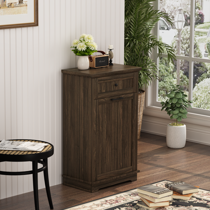 10 Gallon Tilt Out Trash Cabinet Freestanding Trash Bin Cabinet Wood Garbage Recycling Cabinet with Hideaway Drawer Pet Proof Trash Can Holder for Kitchen Living Room, Antique Brown (not include can)