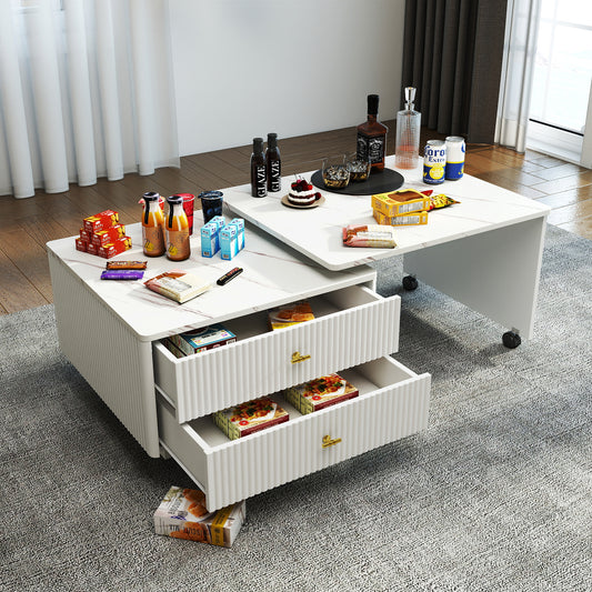 Extendable Coffee Table with Storage, Reversible Living Room Table with 2 Drawers and with 6 Wheels, White