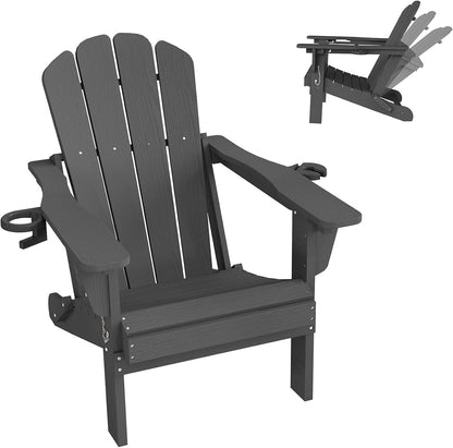 Adjustable HDPE Adirondack Chair, Grey, 3-Position Reclining ,Foldable, Cup & Phone Holders, All-Weather Outdoor
