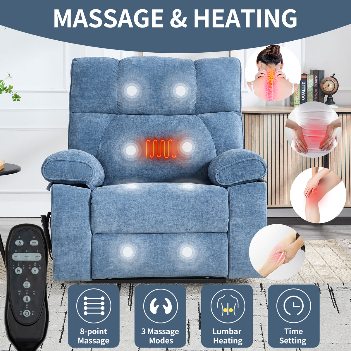 Blue Heat Massage Dual Motor Infinite Position Up to 350 LBS Large Electric Power Lift Recliners with Hidden Cup Holders, Power-Remote