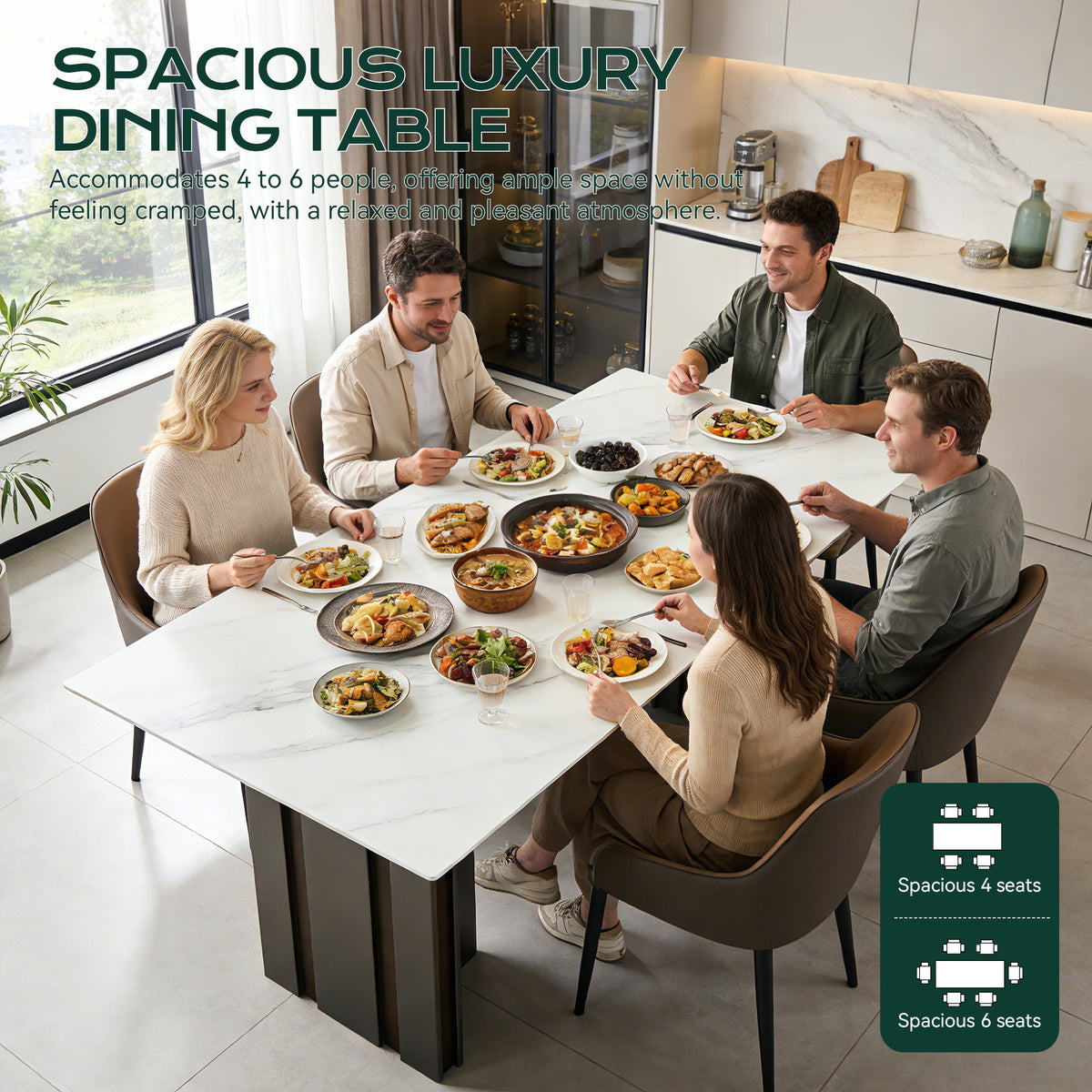 Modern Rectangular Dining Table, Tempered Glass with Marble Texture Top, Matte Gray Brushed Metal Legs, 4-6 Person Capacity, White Marble Finish, 69.30 Inch