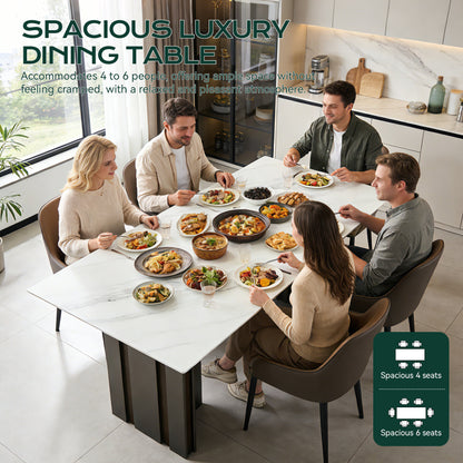 Modern Rectangular Dining Table, Tempered Glass with Marble Texture Top, Matte Gray Brushed Metal Legs, 4-6 Person Capacity, White Marble Finish, 69.30 Inch