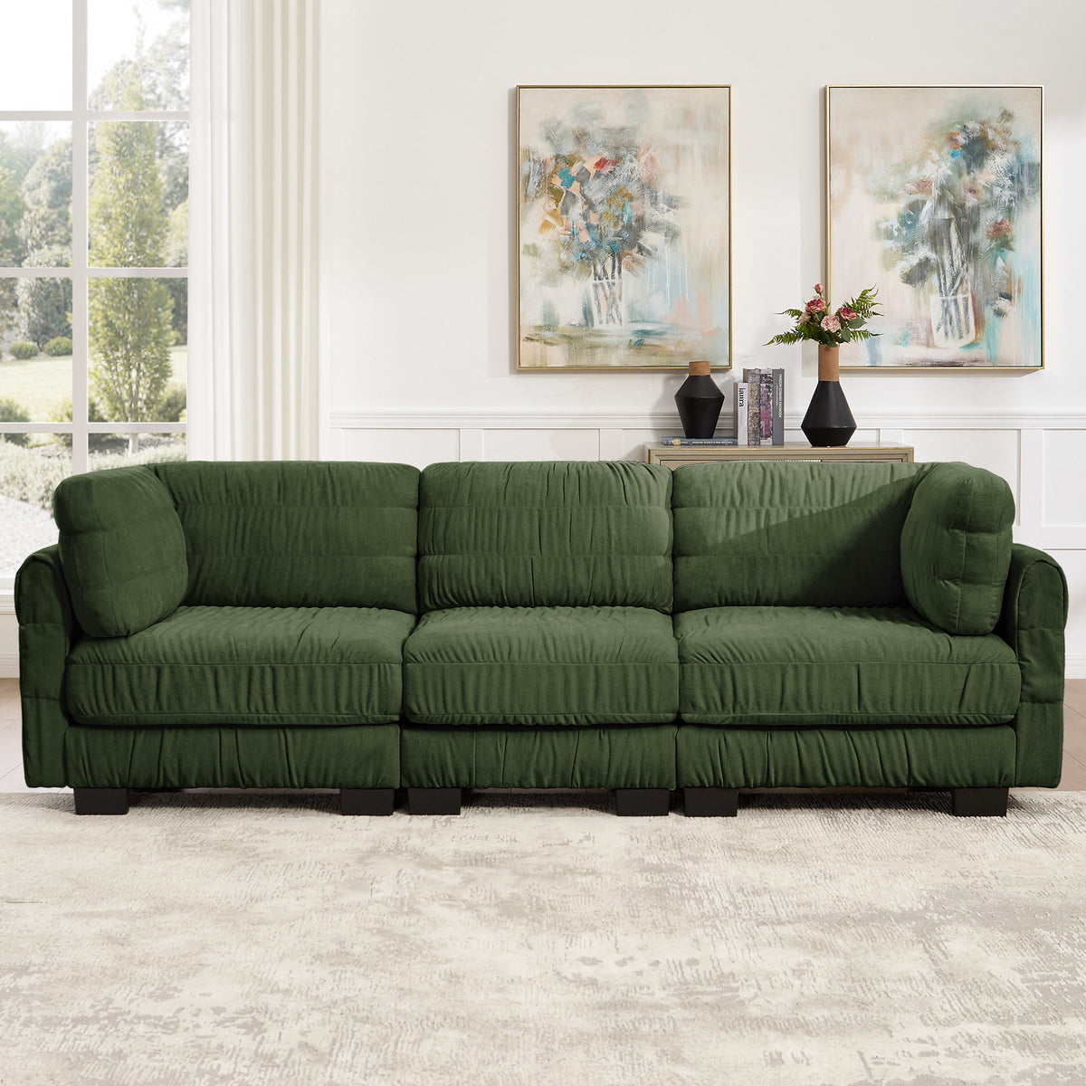 3 Seat Ruched Detailing Chenille Modular Sectional Sofa,High-Density Foam,L Shape Thickened  Back Cushions,Easy Assembly,For Living Room,Bedroom,Green