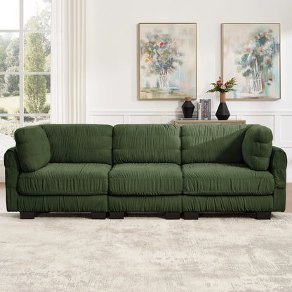 3 Seat Ruched Detailing Chenille Modular Sectional Sofa,High-Density Foam,L Shape Thickened  Back Cushions,Easy Assembly,For Living Room,Bedroom,Green