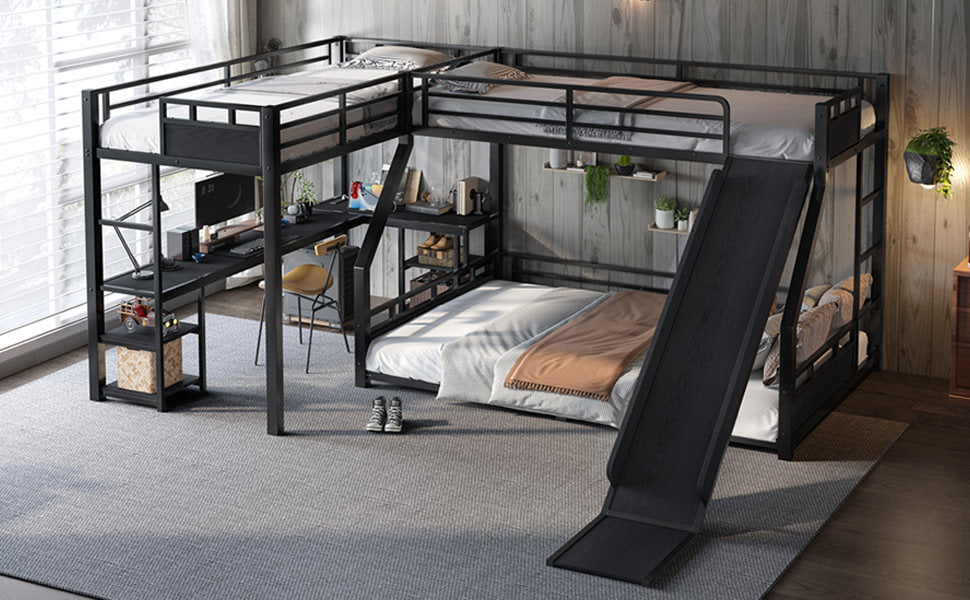 L-Shaped Metal Bunk Bed (Top bed: twin xl, bottom bed: queen) with Single Loft Bed, Desk, and Storage Shelves, USB Charging Port Included - Metal Triple Bunk Bed with Slide,B