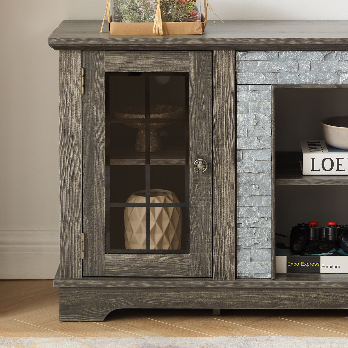 58" Modern TV Stand with 2-Door Storage, Faux Stone Media Console Cabinet, Grey Large Entertainment Center