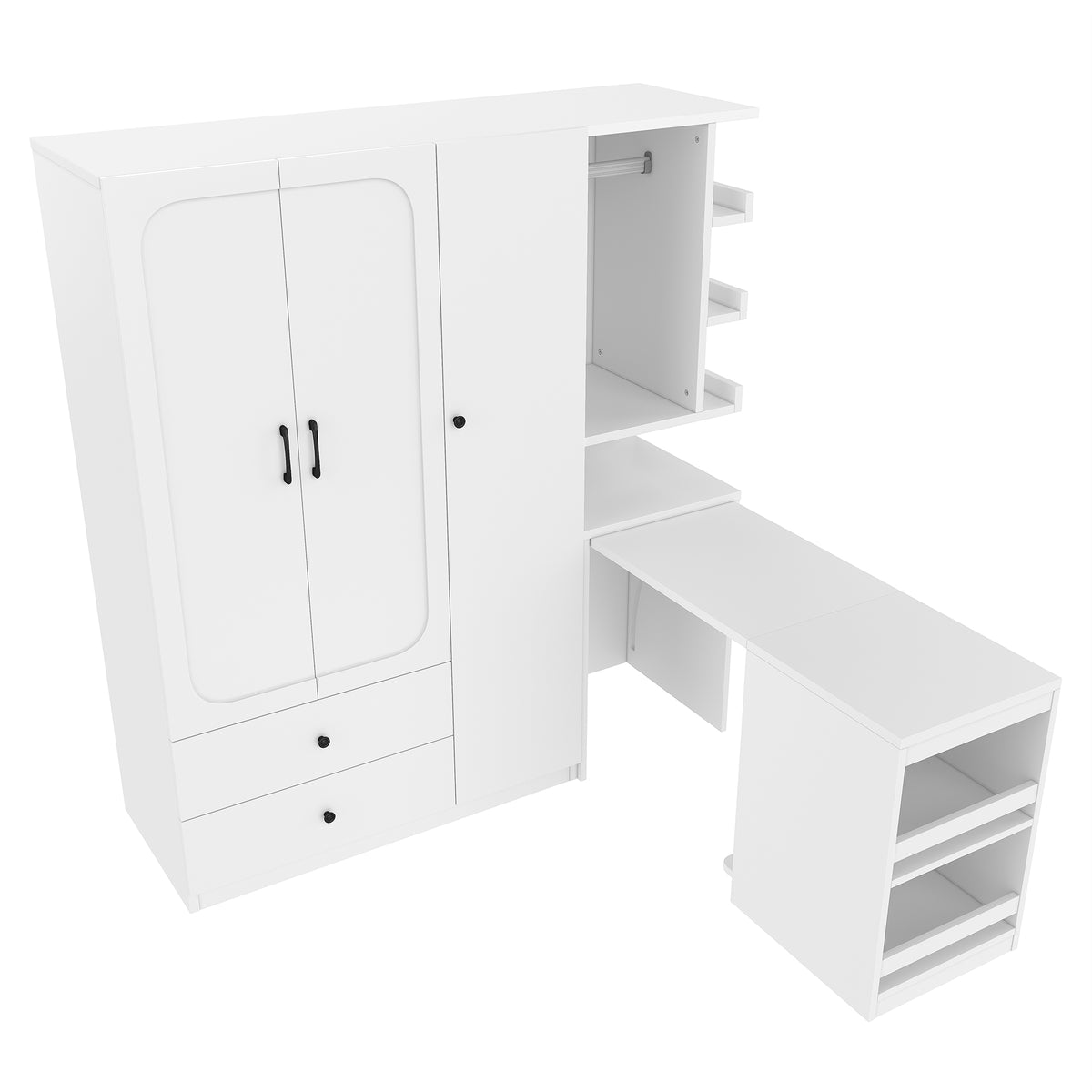 Multifunctional Wardrobe with 2 Doors and Hanging Rod, Wooden clothes closet with Convertible Desk and Storage Drawers – Model W1580S00475