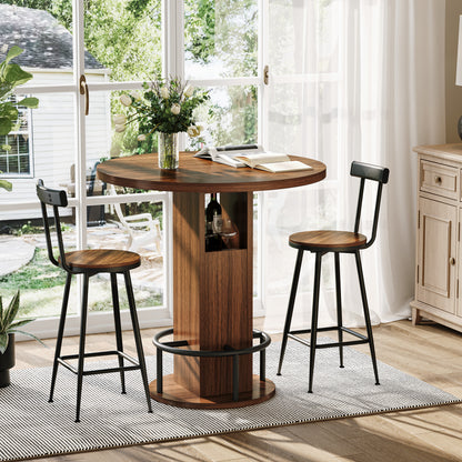 3-Piece Bar Table and Stool Set 31.5-inch round bar table with two stools Compact wooden dining bar with metal ring footrest Ideal for restaurants, cafes, bars, living rooms, and small spaces,Walnut