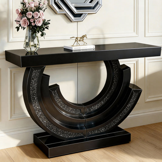Modern Luxury Console Table with Half-Moon Mirrored Base, Black Tempered Glass Entryway Table with Crushed Diamond Decor, Glam Accent Sofa Table for Living Room