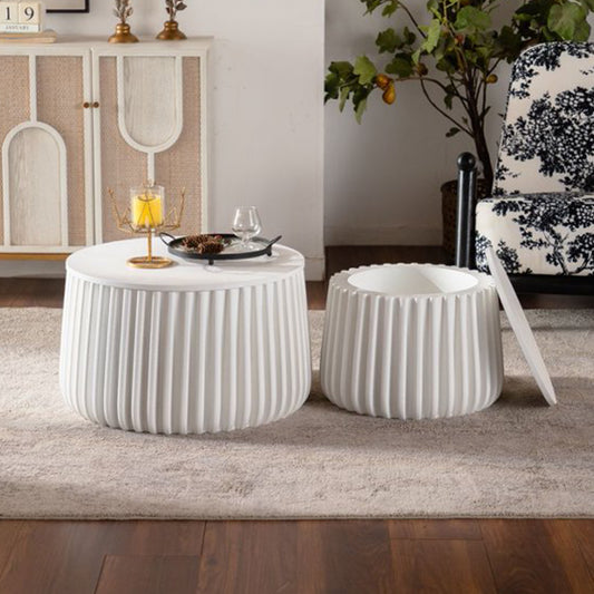 White Round Storage Table Set with Lift-Off Lid, Nesting Design, Elegant Curved-Edge Shape for Cozy Living Room Styling – Model W3081P389055