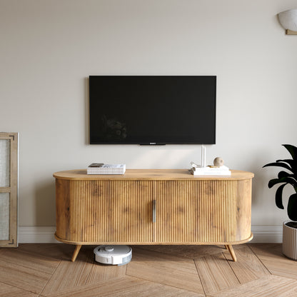 DFW 50 inch TV Stand with Power Outlet, Fluted Entertainment Center for TVs Up to 55 inch, Modern TV Console with Large Storage & Sliding Doors, Media Console for Living Room/Bedroom, Nature Oak