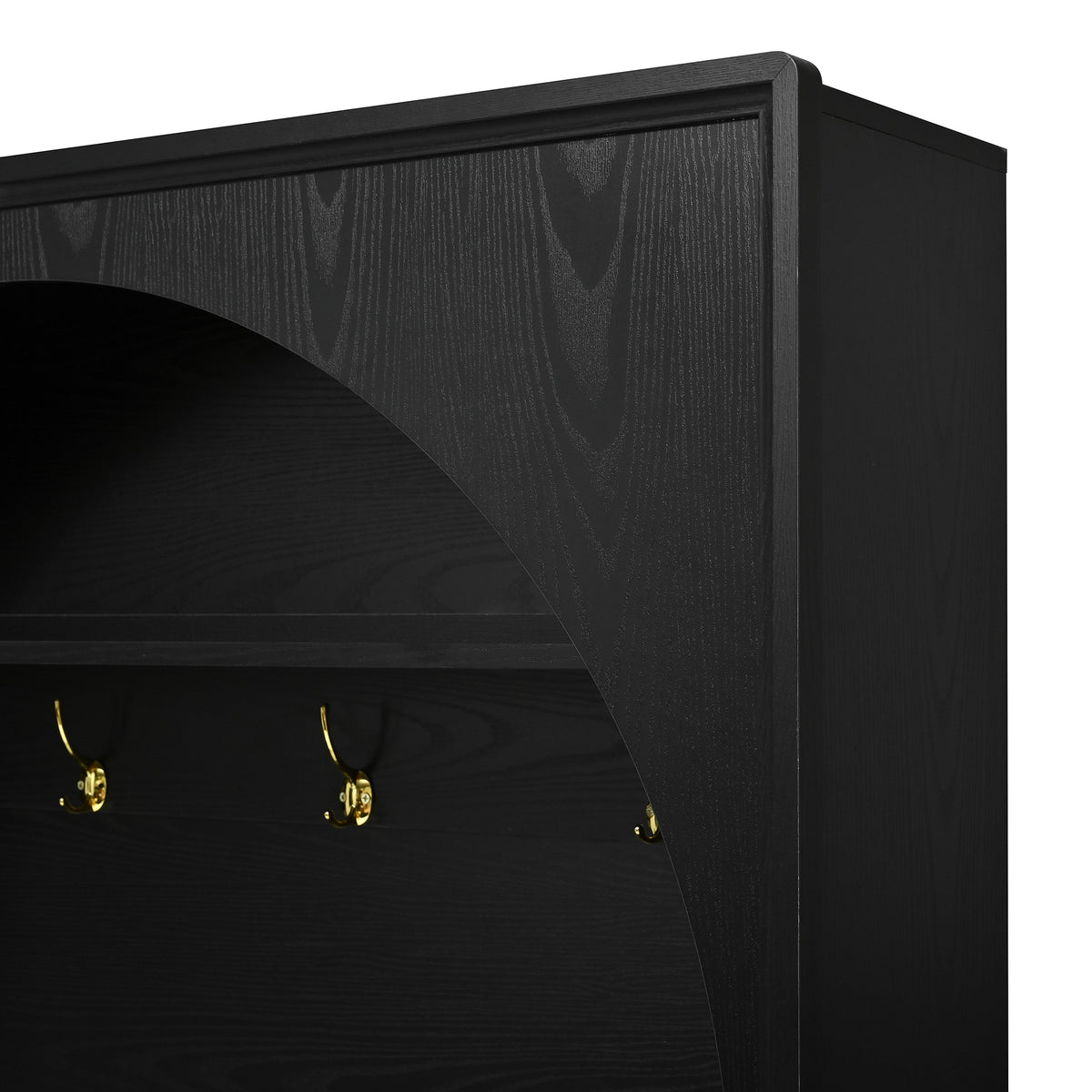 ON-TREND Farmhouse All-in-One Hall Tree with Adjustable Shelves, Retro Arched Entryway Storage Bench with 3 Cabinets – Black
