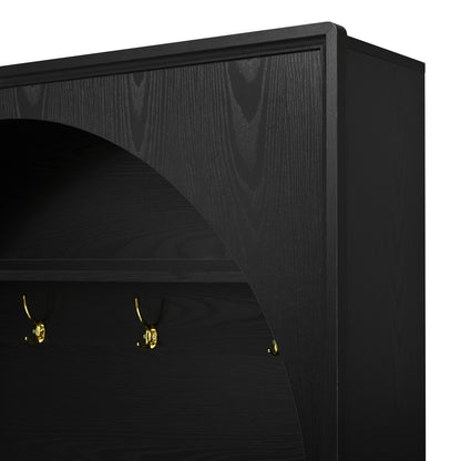 ON-TREND Farmhouse All-in-One Hall Tree with Adjustable Shelves, Retro Arched Entryway Storage Bench with 3 Cabinets – Black