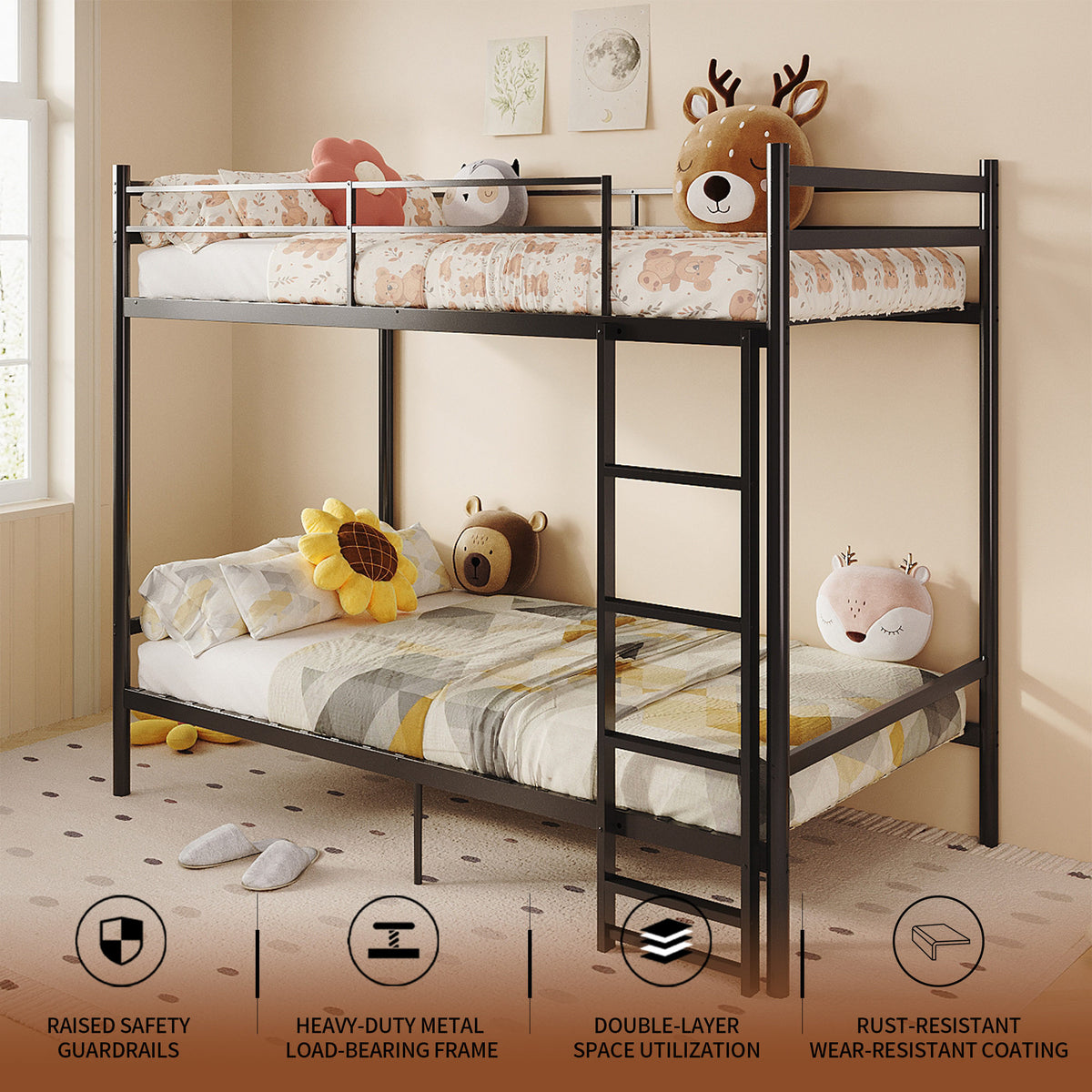 Twin Over Twin Metal Bunk Bed, Heavy Duty Bed Frame with Anti-Slip Ladder & Tall Safety Guardrails, Space-Saving Bunkbeds with Under-Bed Storage for Kids Teens Adults, Black