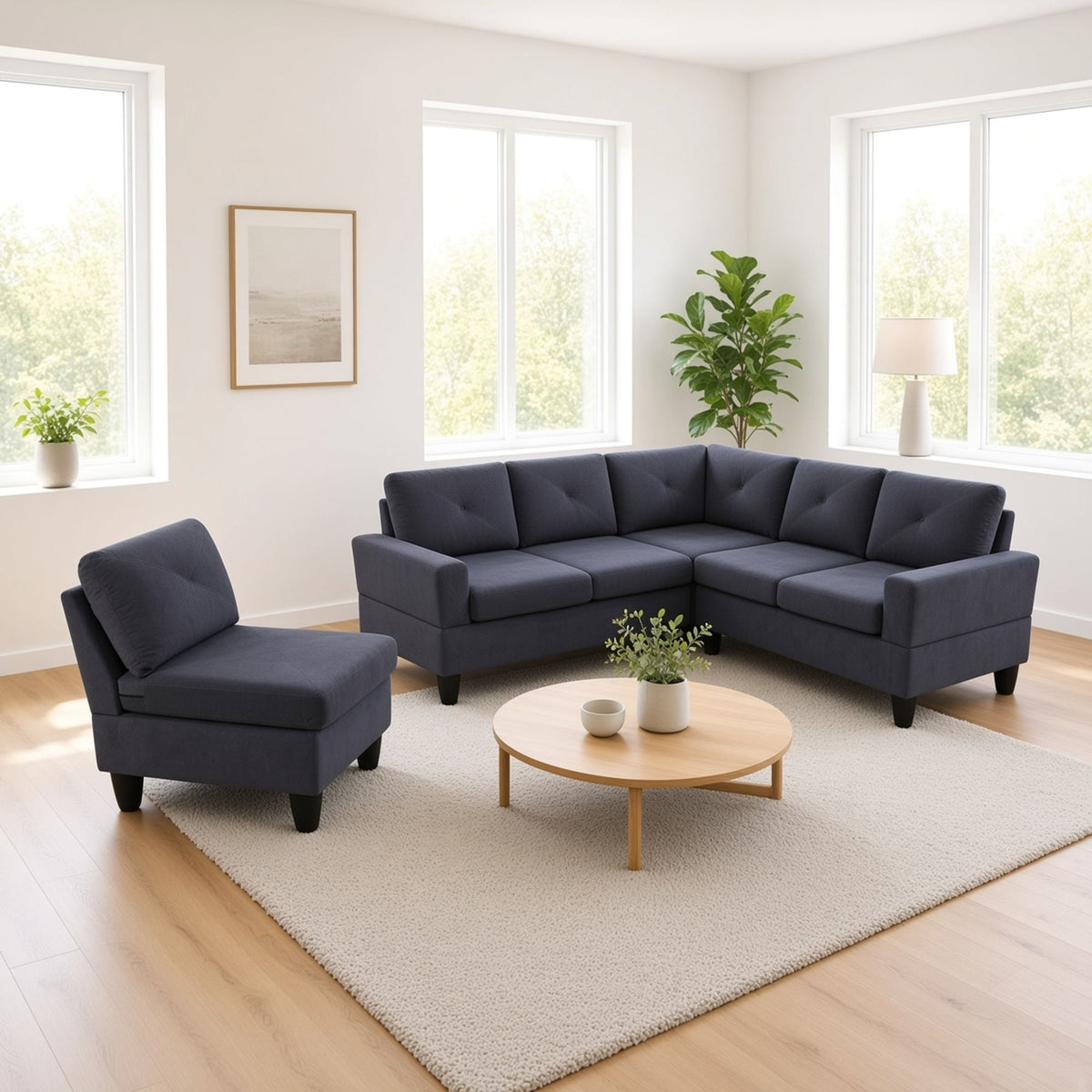 95.5 x 75 Inches Width Dark Grey Modular L-Shaped Sectional Sofa 6-Seater 4-Piece Massa Flannel Fabric Couch with Chaise