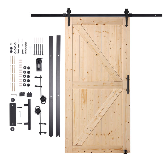 Barn Door and Hardware Kit, 42' x 84' Wood Sliding Barn Door, Smoothly and Quietly, Barn Door Kit with 8-in-1 Floor Guide and Door Handle, Spruce Wood Panelled Slab, Easy to Install