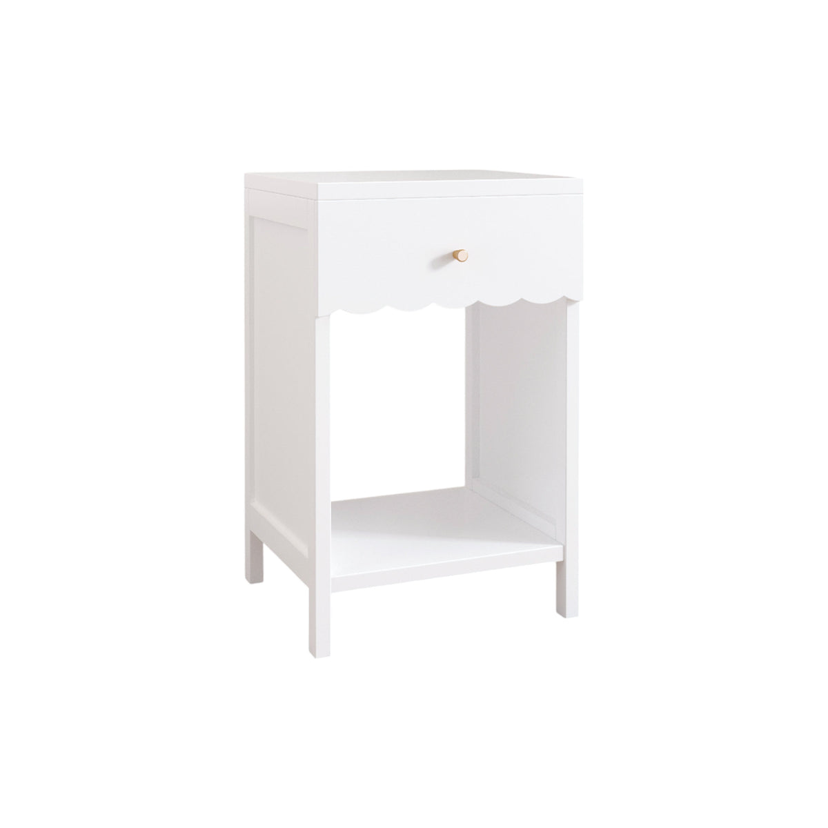 Modern White Nightstand with Drawer and Open Shelf,Scalloped Edge Bedside Table for Bedroom, Cute Minimalist Side Table for Kids Room or Girls' Room