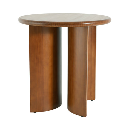 Walnut Finish Pine Wood Round Side Table with Unique Fan-Shaped Legs, Mid-Century Modern Accent End Table for Living Room