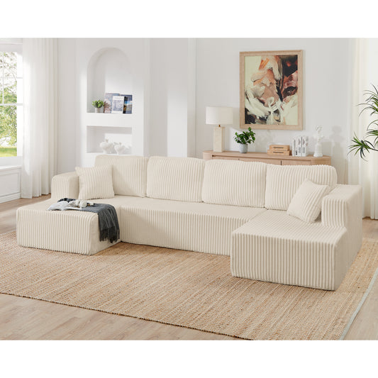 U shape Modular Sectional Sofa, Compressed Sectional Sofa Modern Minimalist Style Corduroy Couch, Sleeper Sofa – Beige