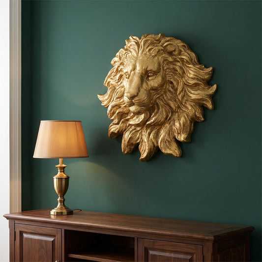 Golden Lion Head Wall Mount Decor, 19'' Resin Lion Head Wall Sculpture Statue, Vintage Animal Bust Wall Art Hanging Ornament for Home Living Room Bedroom Farmhouse Bar Restaurant Wall Decorations Gif