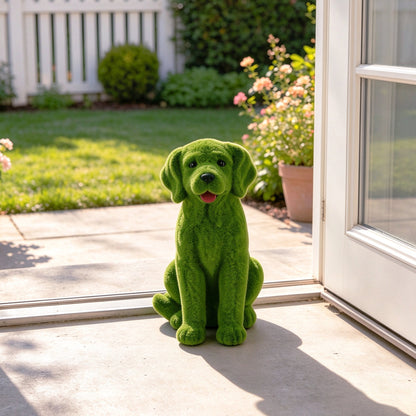 13.7' Garden Statue, Flocked Dog Figurine Style A, Resin Green Grass Effect Puppy Sculpture, Yard Lawn Patio Porch Landscape Ornament, Decor Gift for Garden & Pet Lovers