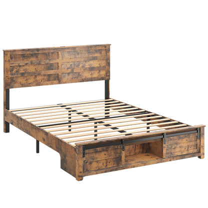 Queen Bed Frame with Upholstered Headboard and Wood Platform,Storage Headboard with Charging Station and LED,  Bed Frame with Pet Bed,No Noise, No Box Spring Needed,Easy Assembly,Antique Brown