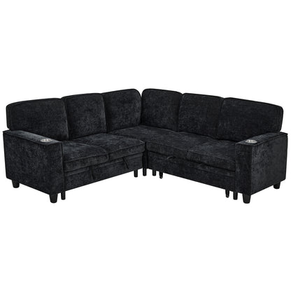 L-Shaped Sofa with Pull Out Sofa Bed, Sleeper Sofa Couch Bed with Storage Seat, 5 Seat Sectional Sofa Bed with USB, Sectional Sofa Couch