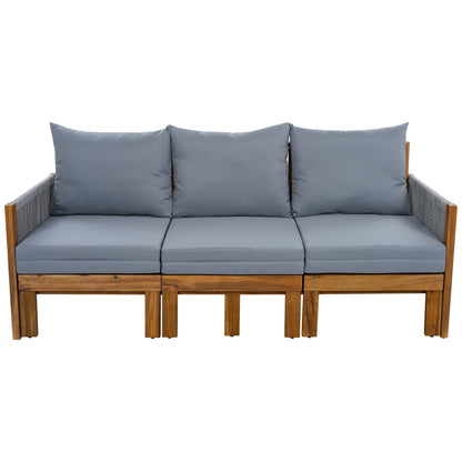 Outdoor Daybed Patio Sofa Bed 3 Seat Patio Sunbed with Natural Wood Frame and Grey Waterproof Cushions