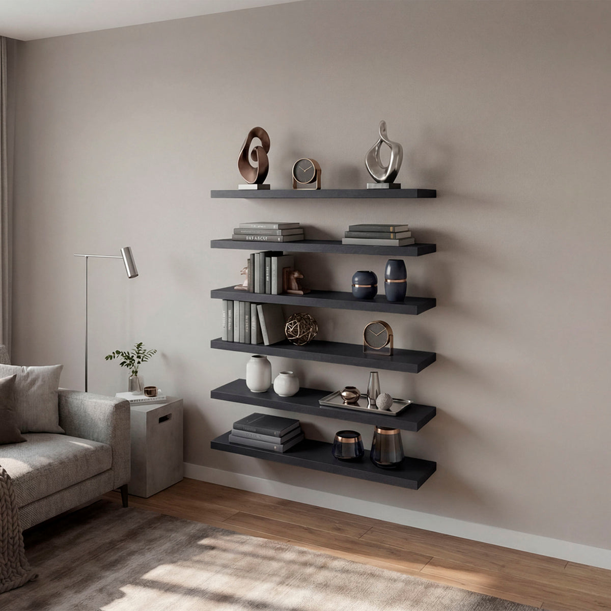Madison 6-Piece Floating Wall Shelves Set, Wood Wall Mounted Display Shelves for Home Decor and Storage, Wenge