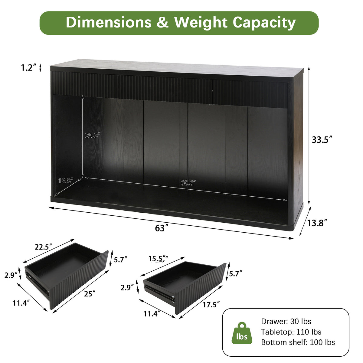 63" Fluted Console Table with 3 Drawers, Long Sofa Table Behind Couch for Living Room, Hallway, Foyer,Black