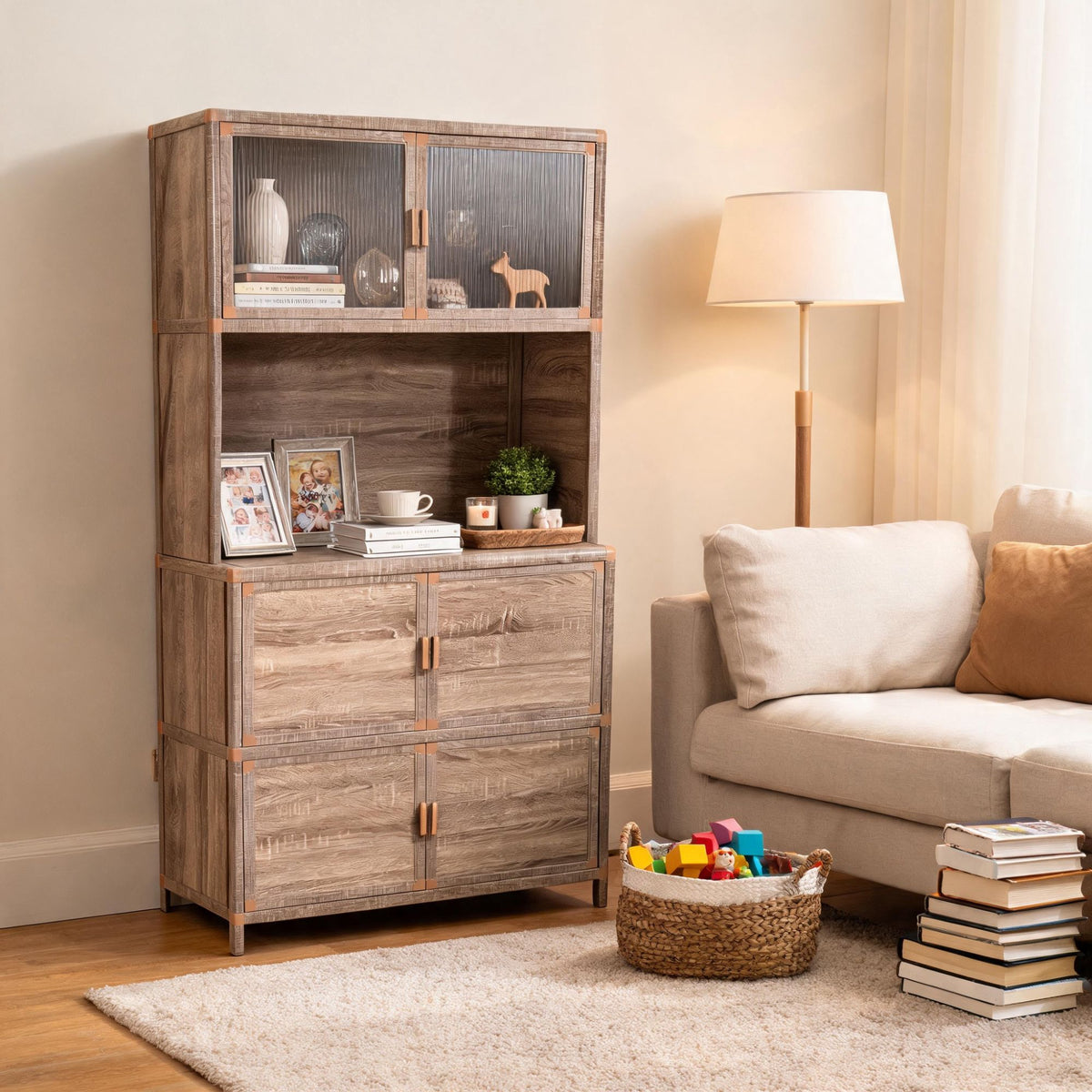 Tall Storage Cabinet, 31.50" W x 19.69" D x 65.75" H, Freestanding Indoor & Outdoor Storage Cabinet with Ribbed Acrylic Doors, 6-Door Utility Cabinet for Kitchen, Entryway, Patio & Garage