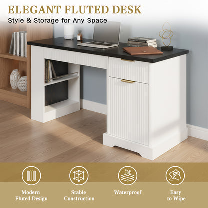 55" Modern Fluted Office Desk with Storage Cabinet & Drawers, Computer Writing Desk with Power Outlet, Pegboard