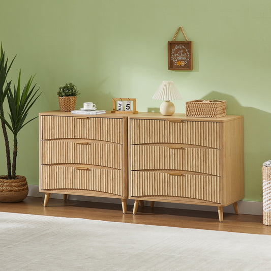 Fluted 3 Drawer Dresser Set of 2, Modern Tall Chest of Drawers with Vertical Grooved Design, Wood Storage Cabinet with Metal Handles