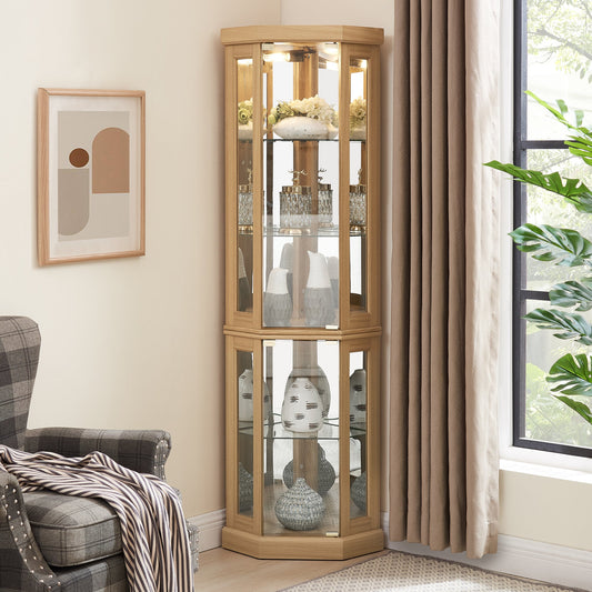Corner Glass Cabinet Lighted Curio Cabinet Corner Display Case, Antique collection, Wine, Bar Glass Storage Light Included, Light oak