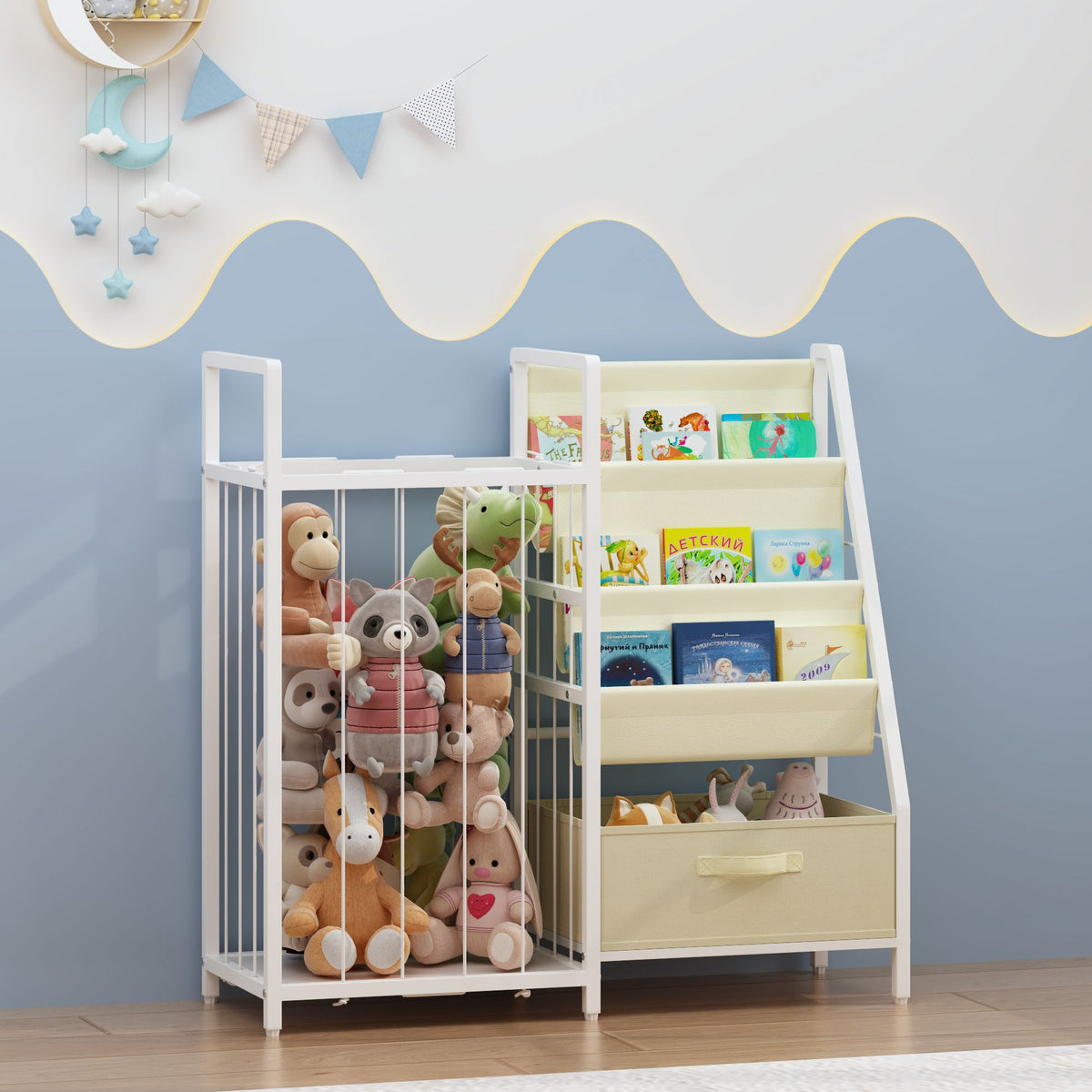 Kids Bookshelf and Toy Storage Organizer, Dual-Sided Children Bookshelf with Figure Display Storage and Book Sling Pockets, Toy Organizer for Playroom, Bedroom and Nursery