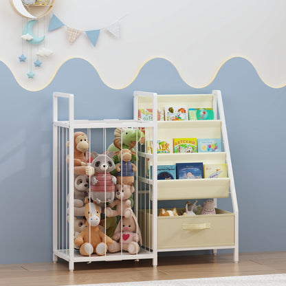 Kids Bookshelf and Toy Storage Organizer, Dual-Sided Children Bookshelf with Figure Display Storage and Book Sling Pockets, Toy Organizer for Playroom, Bedroom and Nursery