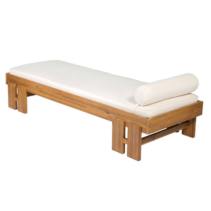 Teak Finish Acacia Wood Daybed with Cream Cushion & Pillow, 600 lbs Weight Capacity, Indoor/Outdoor Use, Washable Cushion Cover, Modern Low-Profile Design for Patio Living Room