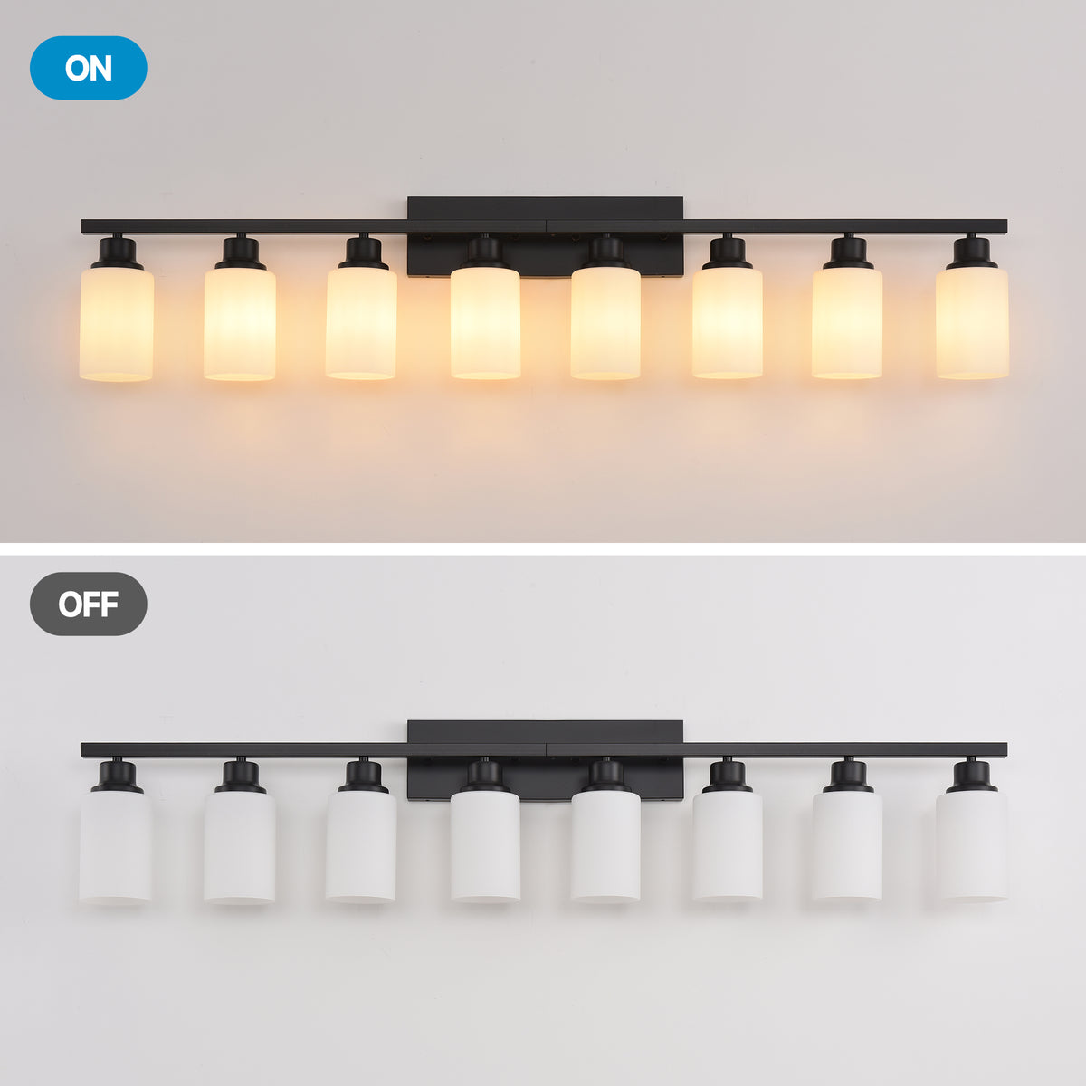 Wall Lamp 8-Light, Bathroom Vanity Light, Matte Black Bathroom Light Fixtures, Modern Wall Light with Glass Shade